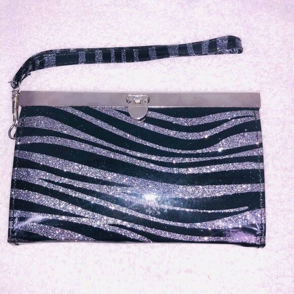 Vintage Y2K Black Gray Zebra Wallet Expandable Wristlet Mirror Compact Set - Picture 3 of 7
